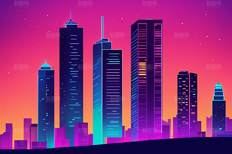 霓虹城市建筑地标插画