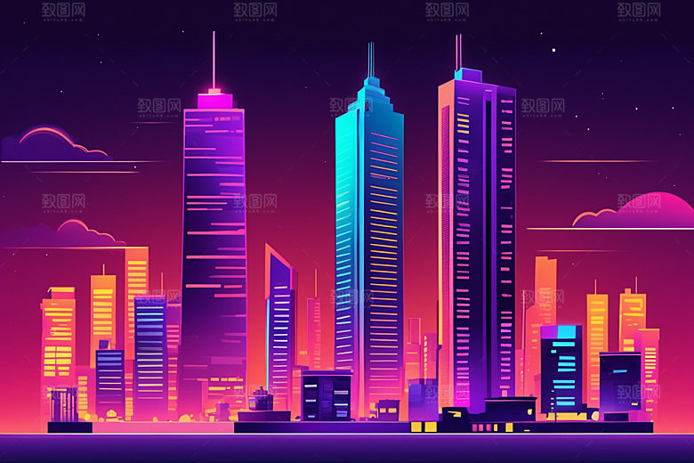 霓虹城市都市元素插画