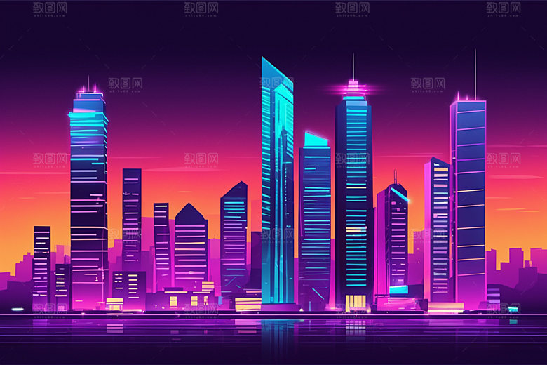 霓虹城市地标未来插画