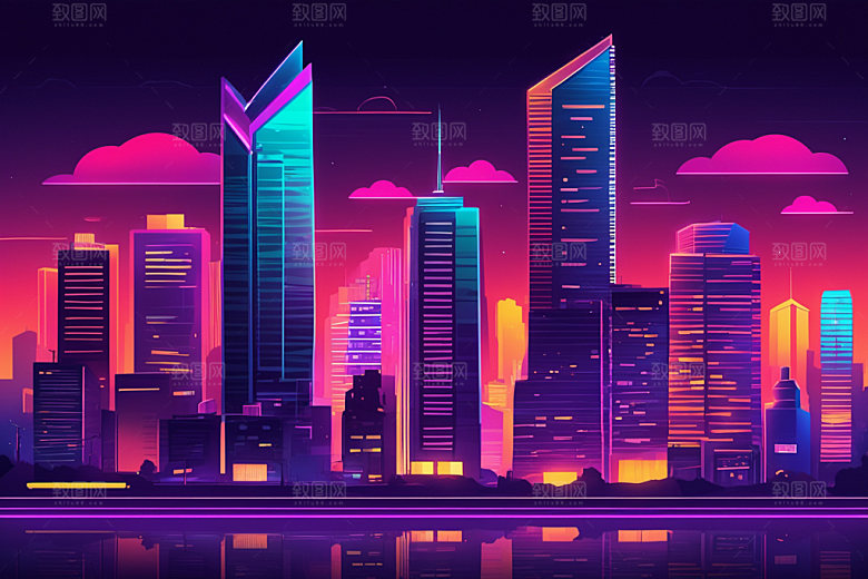 霓虹城市都市元素插画
