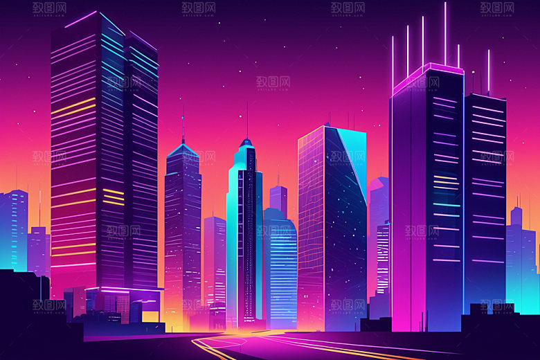 霓虹城市彩色时尚插画