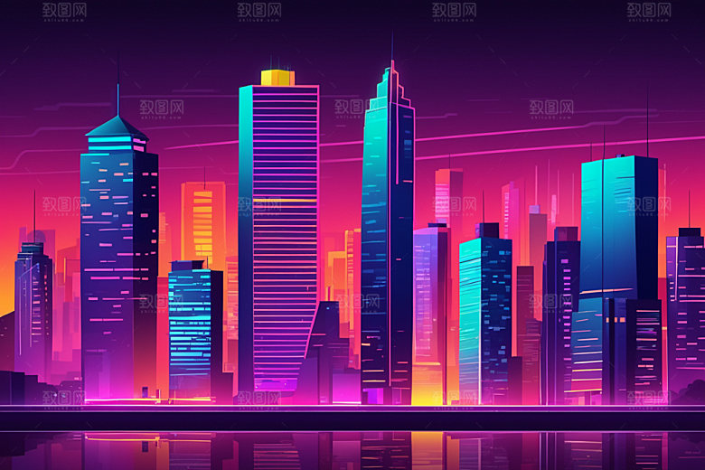 霓虹城市科技感赛博朋克插画