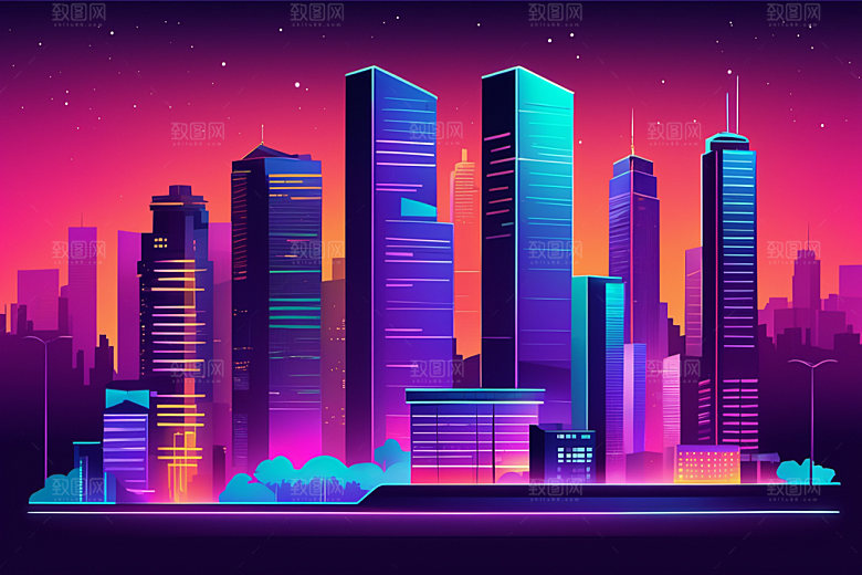 霓虹城市未来地标插画