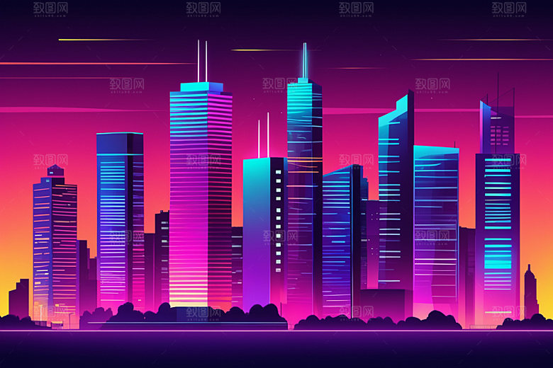霓虹城市元素彩色插画