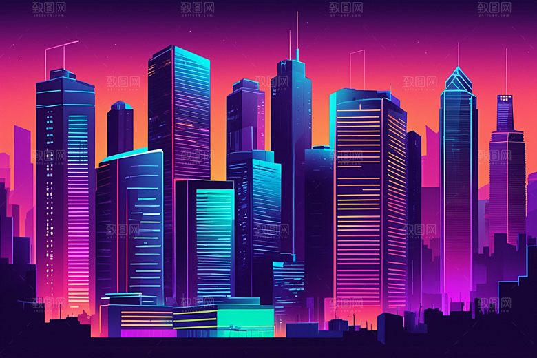 霓虹城市元素地标插画