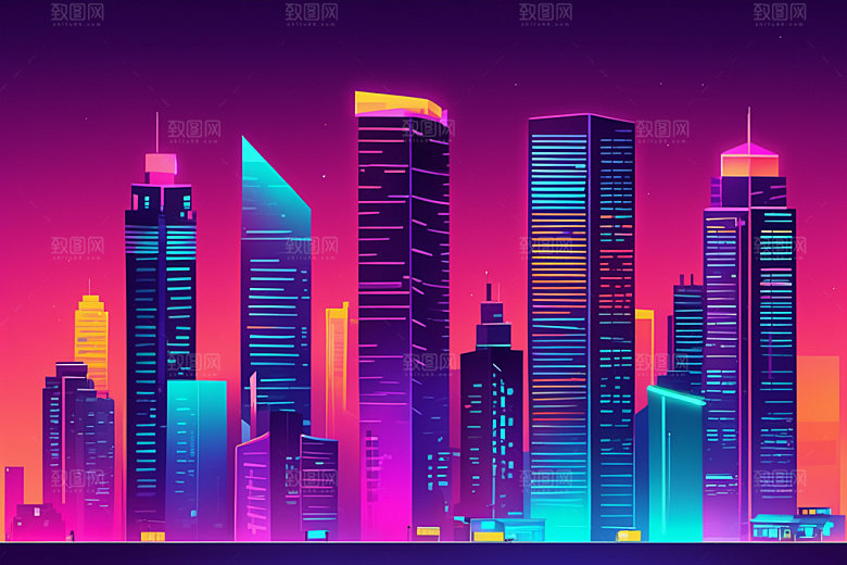 霓虹城市赛博朋克建筑插画