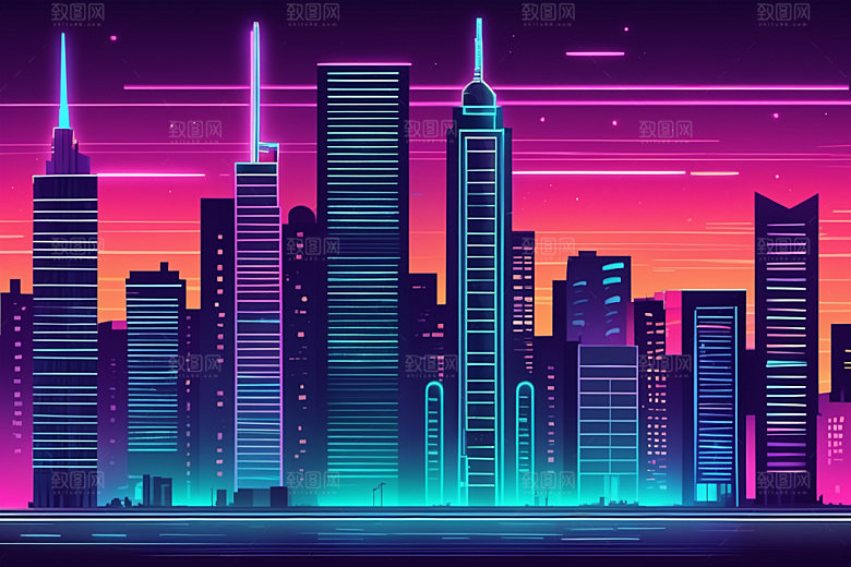 霓虹城市彩色赛博朋克插画