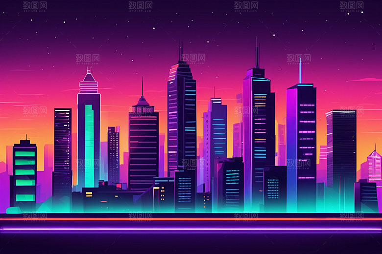霓虹城市赛博朋克科技感插画