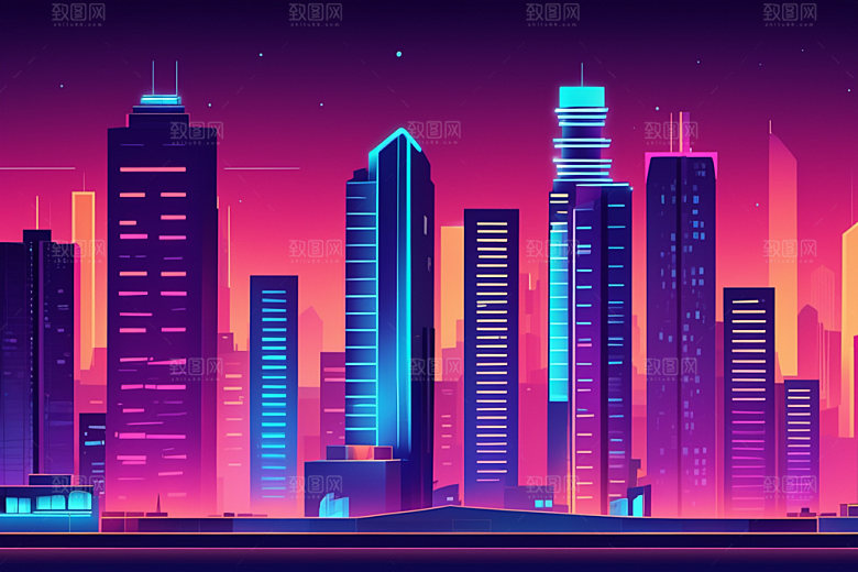 霓虹城市建筑未来插画