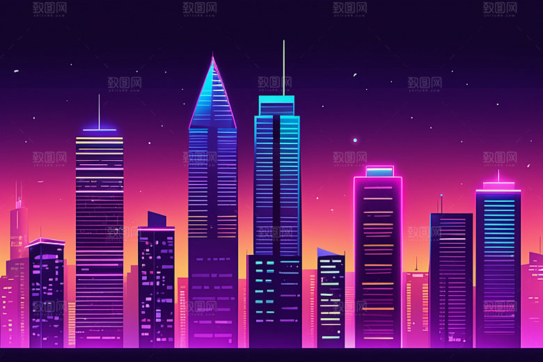 霓虹城市都市建筑插画