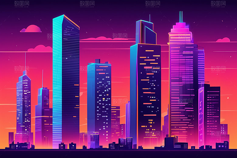 霓虹城市都市地标插画