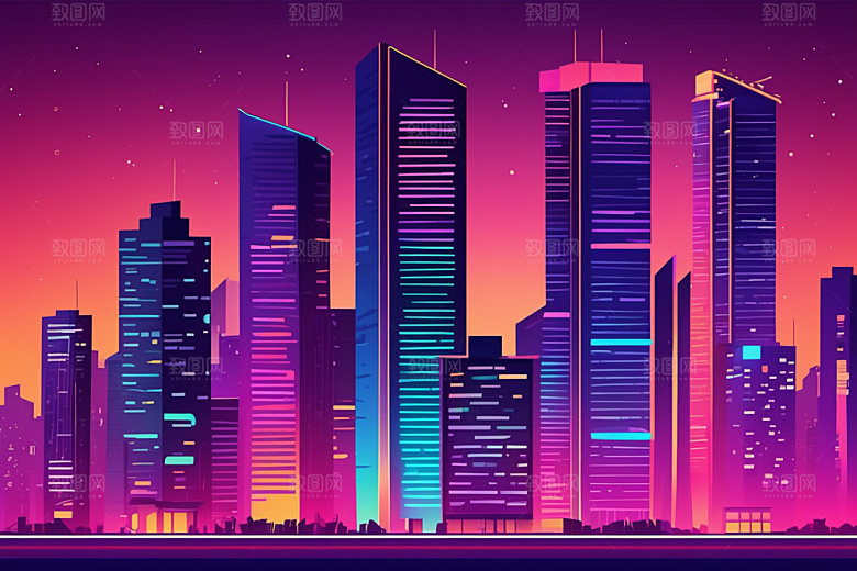 霓虹城市地标元素插画