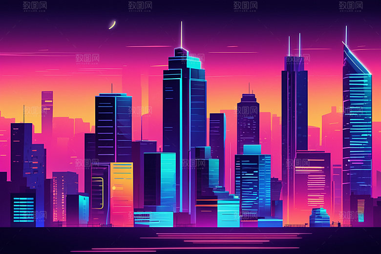 霓虹城市赛博朋克元素插画