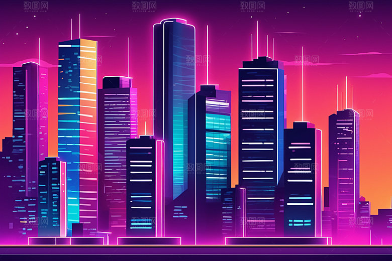 霓虹城市科技感都市插画