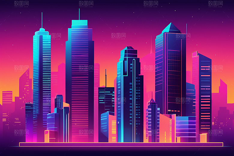 霓虹城市元素未来插画