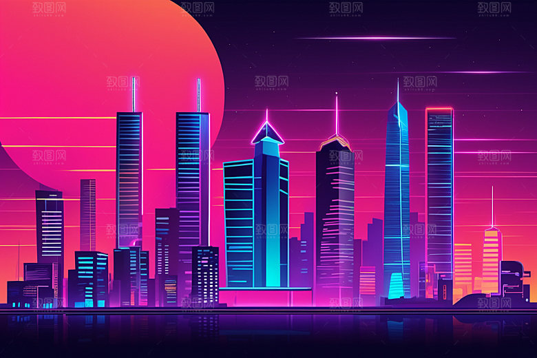 霓虹城市都市元素插画
