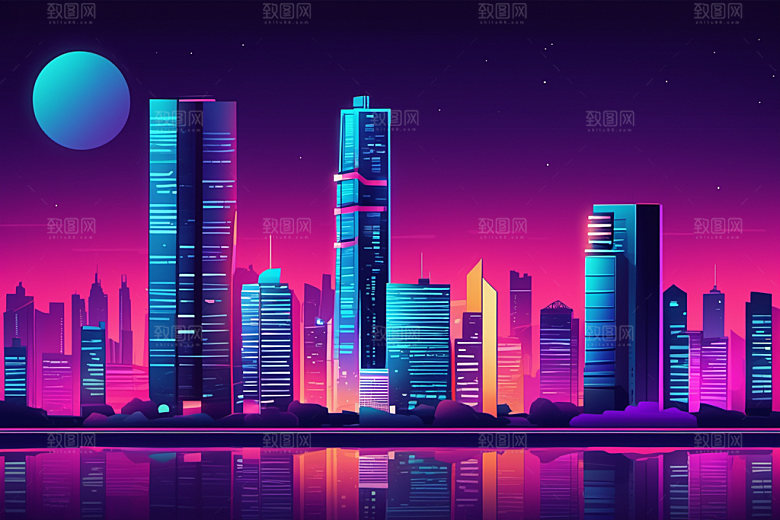 霓虹城市元素时尚插画