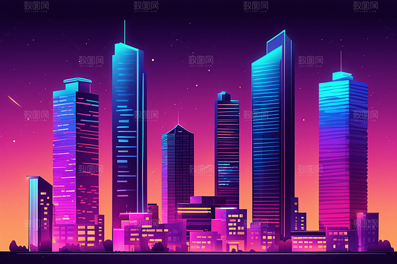 霓虹城市赛博朋克建筑插画