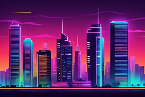 霓虹城市元素建筑插画