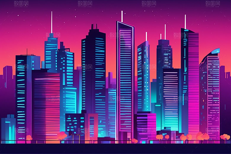 霓虹城市元素时尚插画