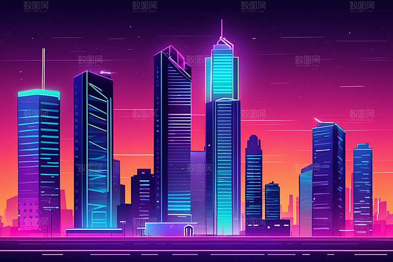 霓虹城市建筑彩色插画