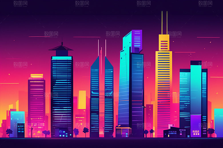 霓虹城市未来都市插画