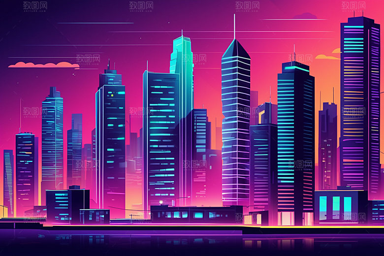 霓虹城市赛博朋克地标插画