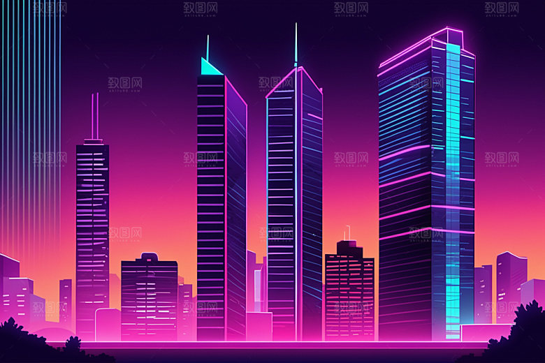 霓虹城市时尚地标插画