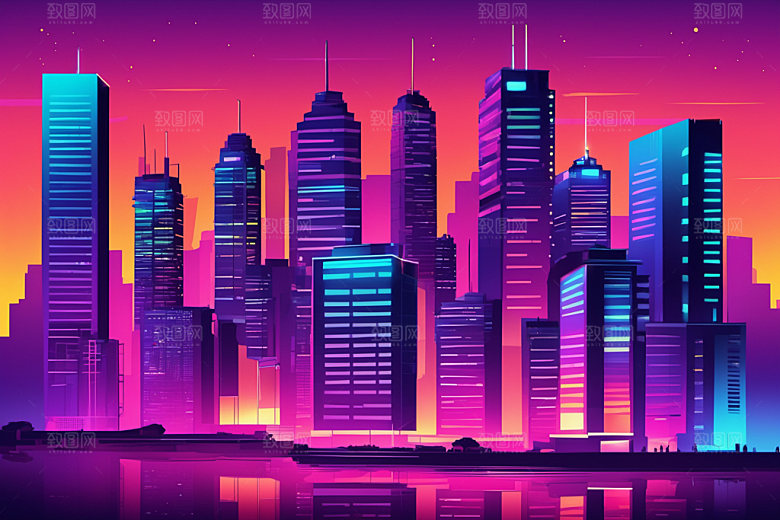 霓虹城市科技感都市插画