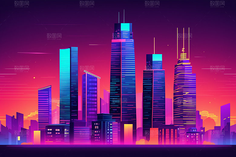 霓虹城市彩色赛博朋克插画