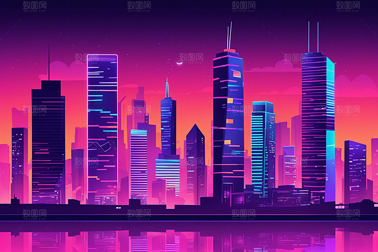霓虹城市建筑科技感插画
