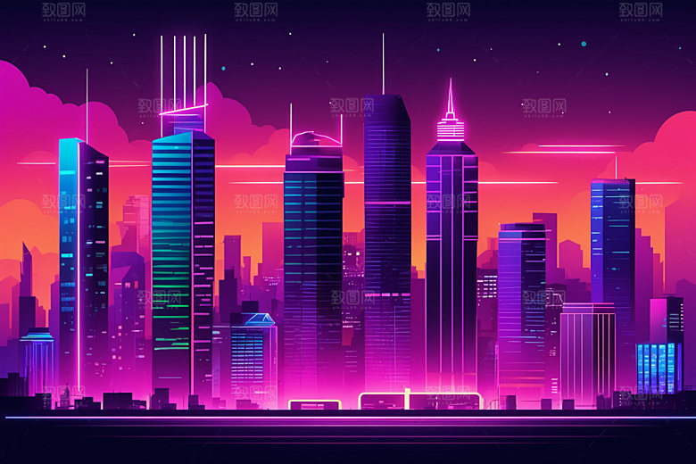 霓虹城市元素都市插画