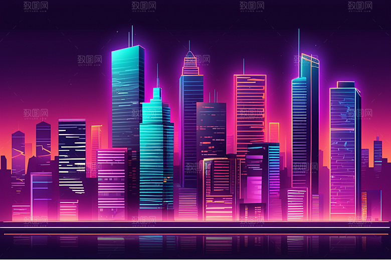 霓虹城市建筑都市插画