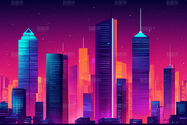 霓虹城市彩色元素插画
