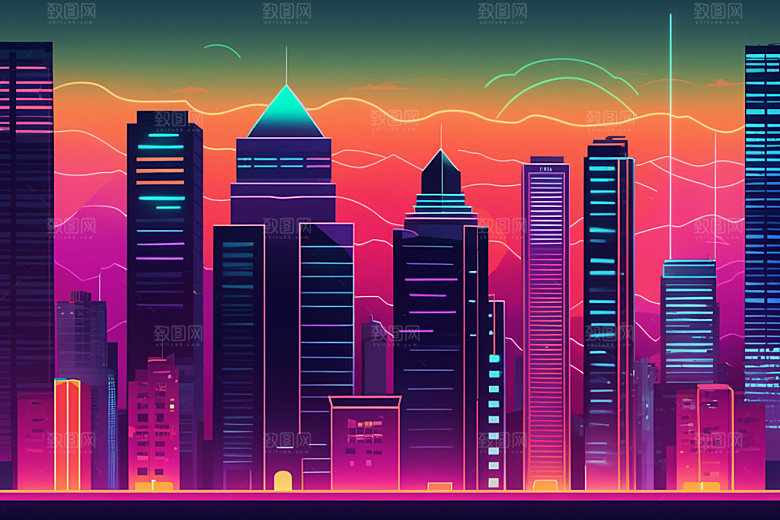 霓虹城市彩色时尚插画