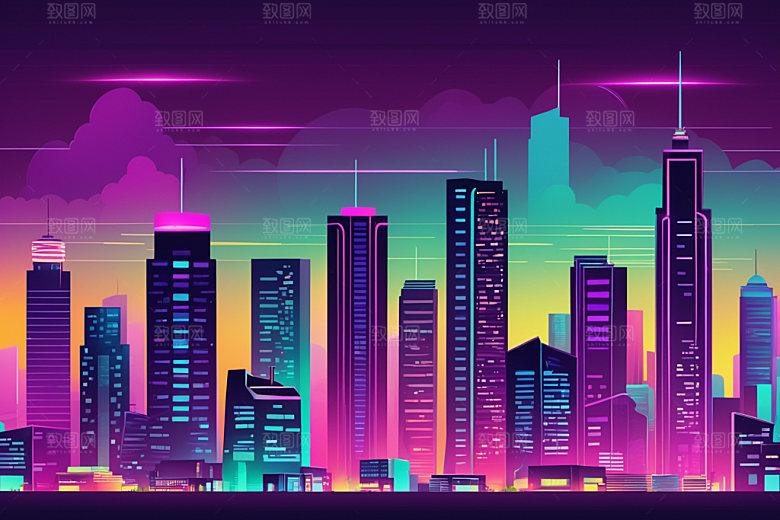 霓虹城市时尚建筑插画