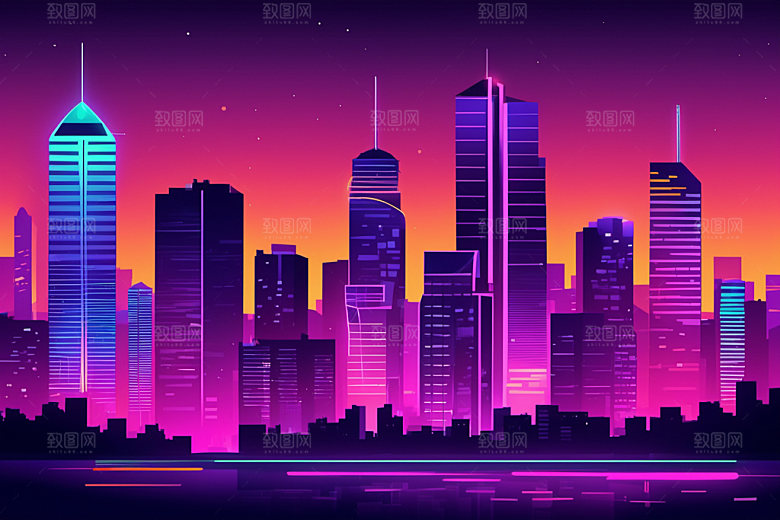 霓虹城市彩色科技感插画