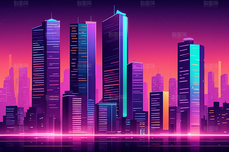 霓虹城市赛博朋克都市插画