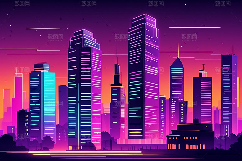 霓虹城市建筑都市插画
