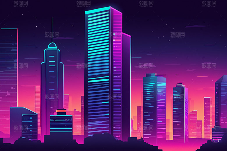 霓虹城市未来建筑插画