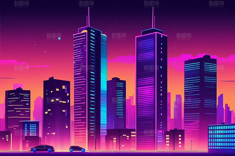 霓虹城市科技感元素插画