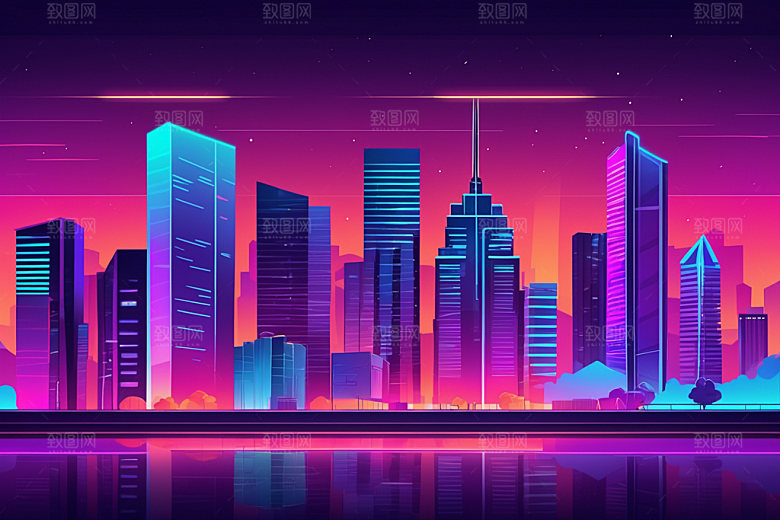 霓虹城市彩色建筑插画
