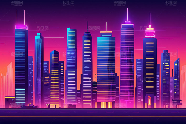 霓虹城市都市地标插画