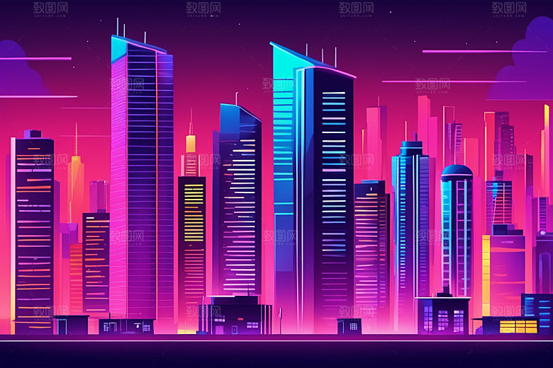霓虹城市元素赛博朋克插画
