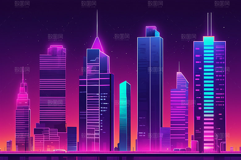 霓虹城市都市地标插画