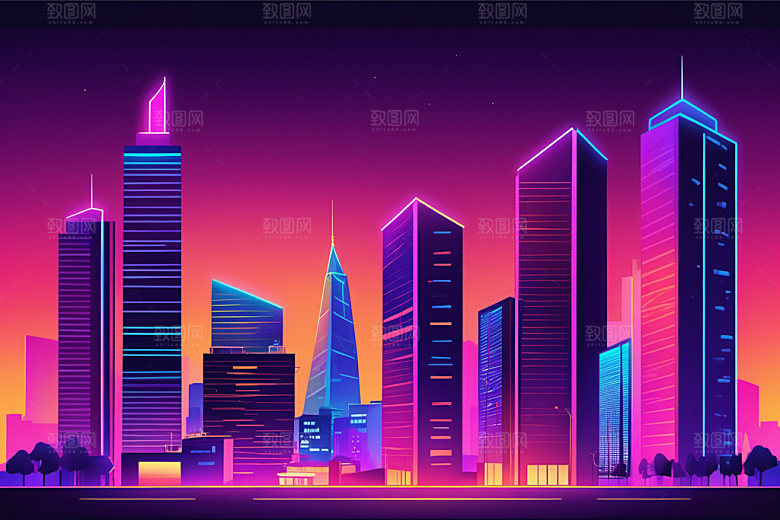霓虹城市都市建筑插画