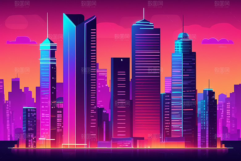 霓虹城市彩色地标插画