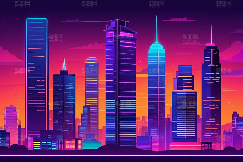霓虹城市元素都市插画