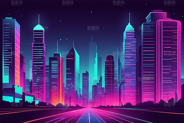 霓虹城市建筑未来插画