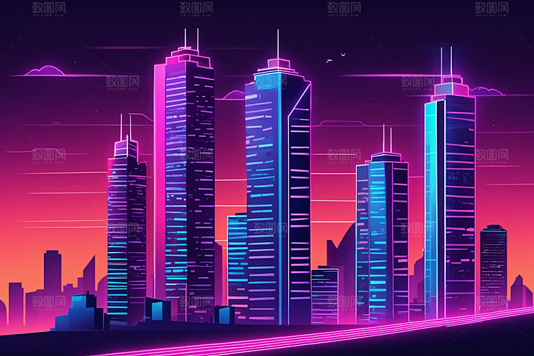 霓虹城市科技感元素插画
